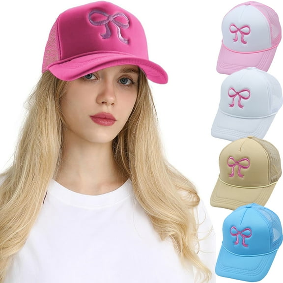 Bow Embroidered Trucker Hat for Women Trendy Mesh Baseball Cap Adjustable Snapback Cap Summer Girls Hat