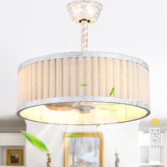 Chords Attic 20" Boho Caged Ceiling Fan with Light and Remote, White Fabric Vintage Fandelier Ceiling Fan with 6 Speeds for Bedroom