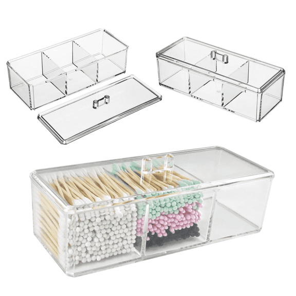 Clear Acrylic 3‑Compartment Storage Container with Lid, Countertop Organizer for Cotton Swabs, Cotton Balls and Cosmetic Accessories