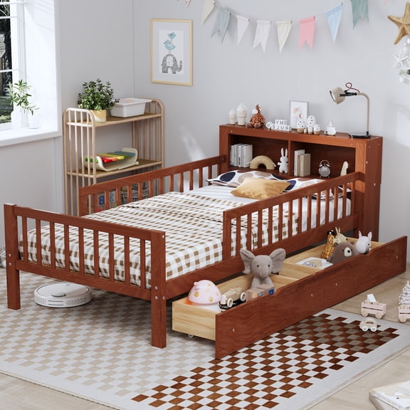 Twin Size Platform Bed with Storage Headboard 3 Side Guardrails,Wood Platform Bed with Double Drawer Storage, for Children's Room, Bedroom, Walnut