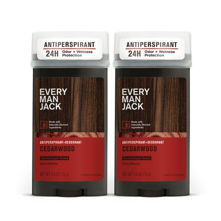 Every Man Jack Antiperspirant Deodorant for Men, Cedarwood, Stick Twin Pack, 2.6oz each