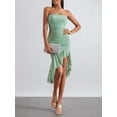 thumbnail image 6 of Women Summer Midi Bandeau Dress Green Sleeveless Off Shoulder Irregular Ruffle Party Dress, 6 of 9