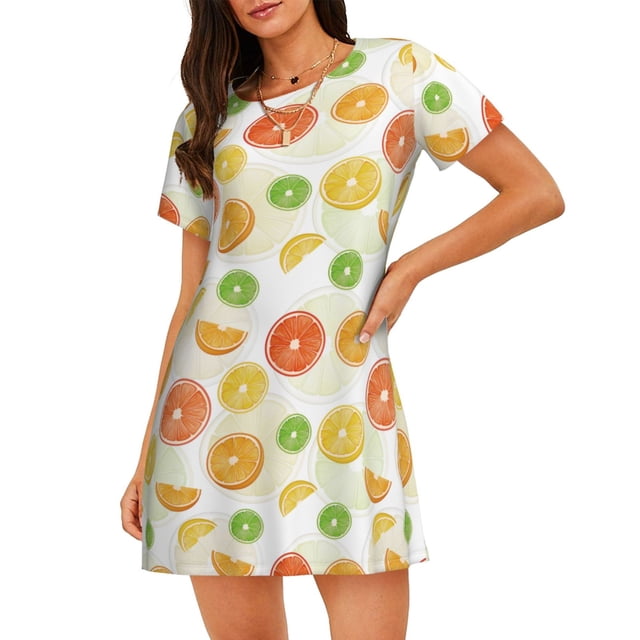 Vsdgher Motif Citrons Colorés Chemise de Nuit à Manches Courtes Col Rond Mignonne Robe de Nuit Confortable