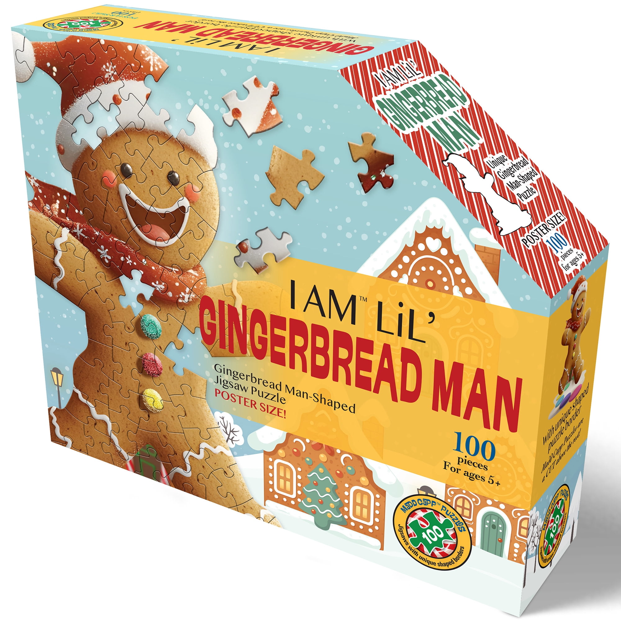 Madd Capp: I Am LiL' Gingerbread Man - 100 Piece Puzzle - Kids Holiday Cookie Shaped Jigsaw, 25x33", Poster Reference, Educational Fun Fact Booklet