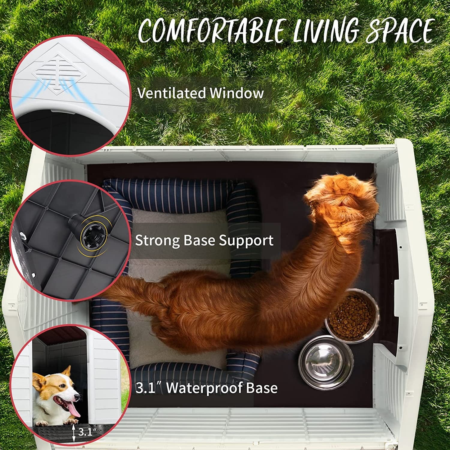 Waleaf Durable Waterproof Plastic Dog House for Small to Large Sized Dogs, Indoor Outdoor Doghouse with Elevated Floor