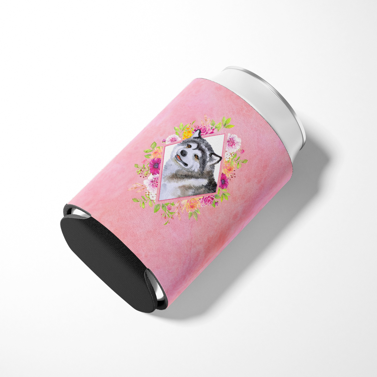Carolines Treasures CK4112CC Alaskan Malamute Pink Flowers Can or Bottle Hugger Can Hugger multicolor