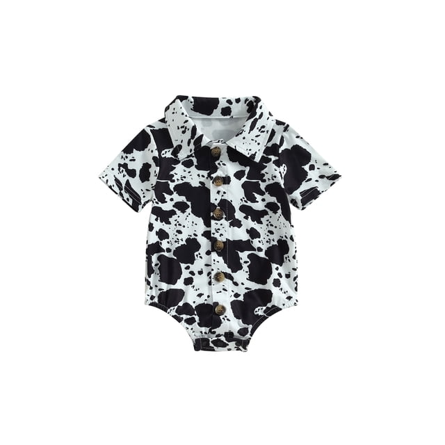 Bebé Niño Niña Conjunto de Verano Manga Corta Vaca Cuello Abotonado Monopieza Romper Nituyy Mono de verano blanco y negro de manga corta con manchas de vaca