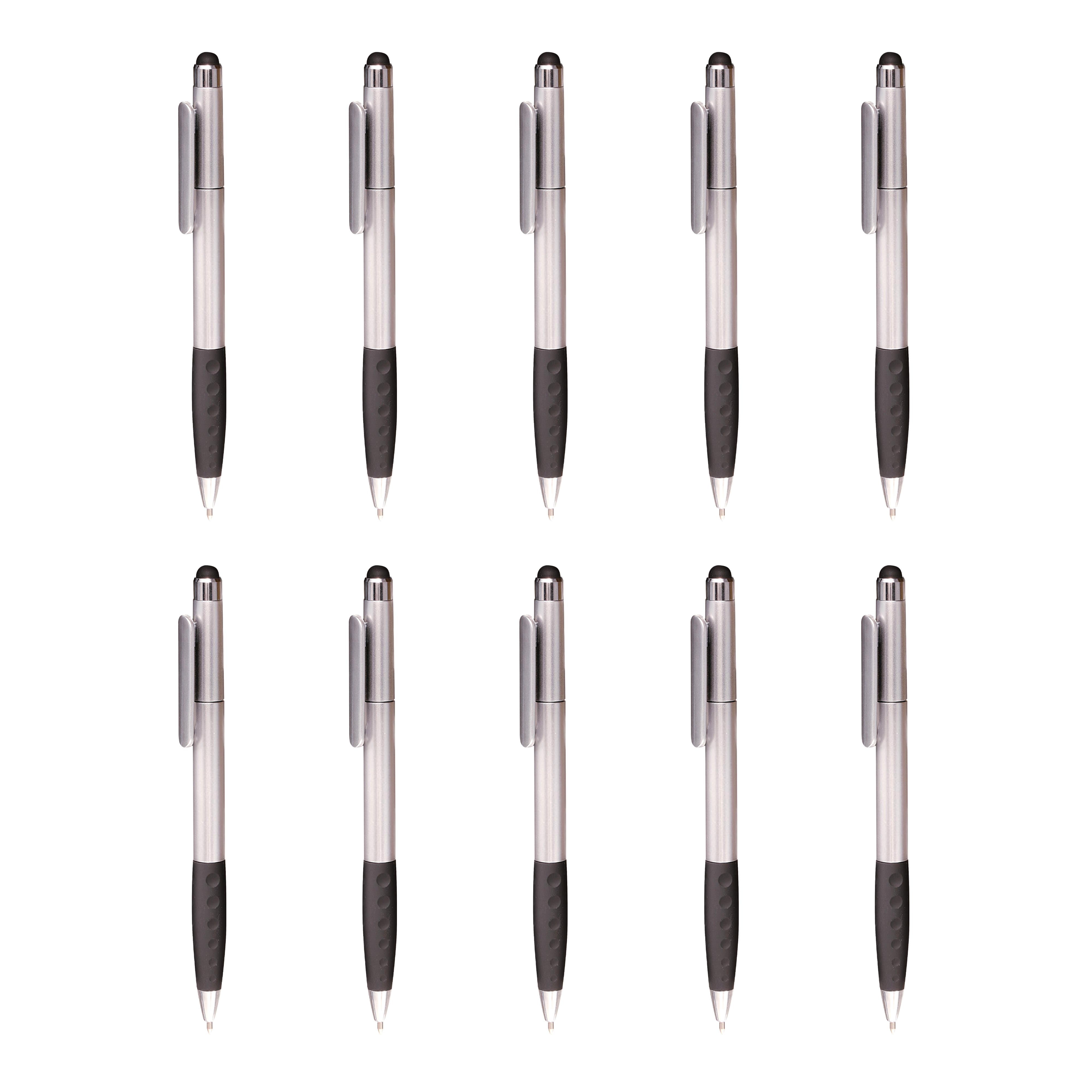 10 Twist Plastic Stylus Pens Pack Ballpoint, Rubber Grip Silver