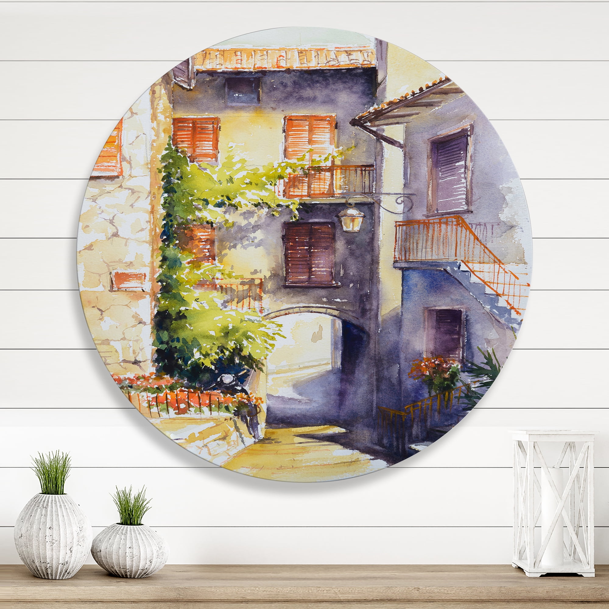 Designart 'Idyllic and Rustic Italian VIllage' Country Circle Metal Wall Art 11x11 - Disc of 11