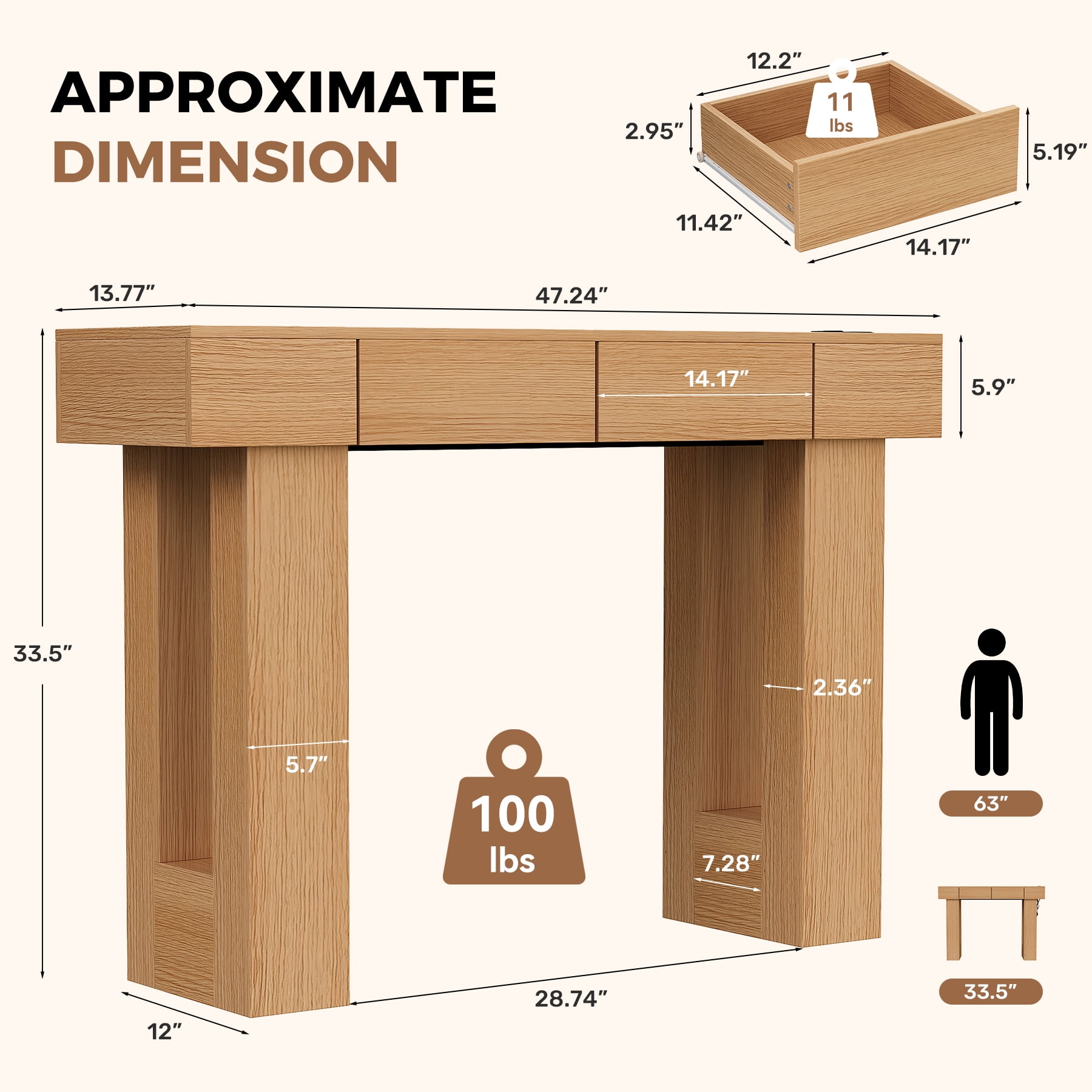MOONMISS 47"Wide Console Table with 2 Drawers, Multifunctional Charging Station, LED Light, Solid Wood Farmhouse Console Table Behind Couch for Entryway, Hallway, Living Room-Natural Wood