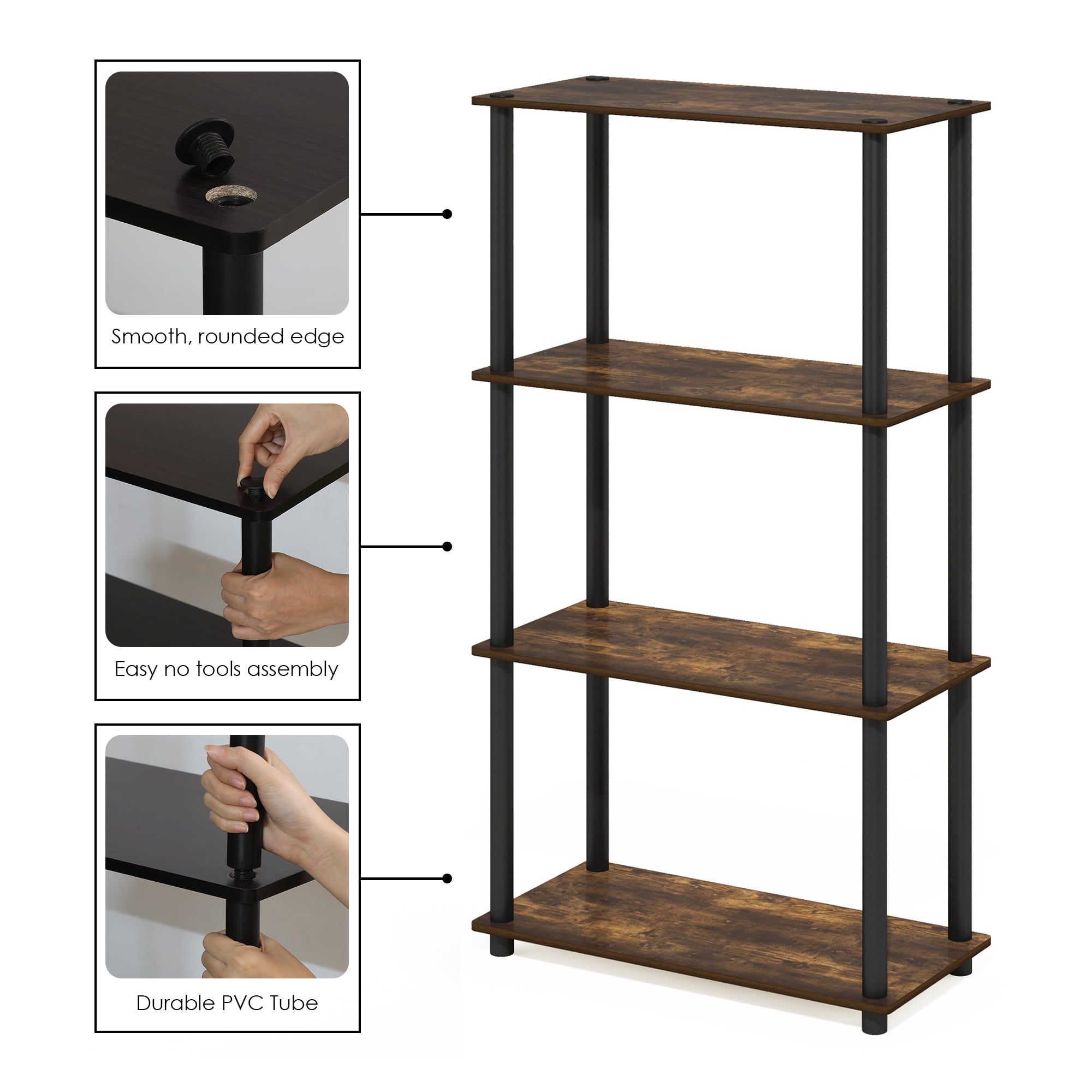 Furinno TURN-N-TUBE Storage Shelves, 4-Tier Book Shelf, Corner Shelf, Toolless Open Shelves, for Organization and Storage, Living Room, Bedroom, Entryway, Laundry, Amber Oak