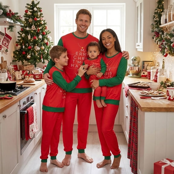 Family Matching Christmas Pajama Set Letter Print Long Sleeve Tops Pants Sleepwear