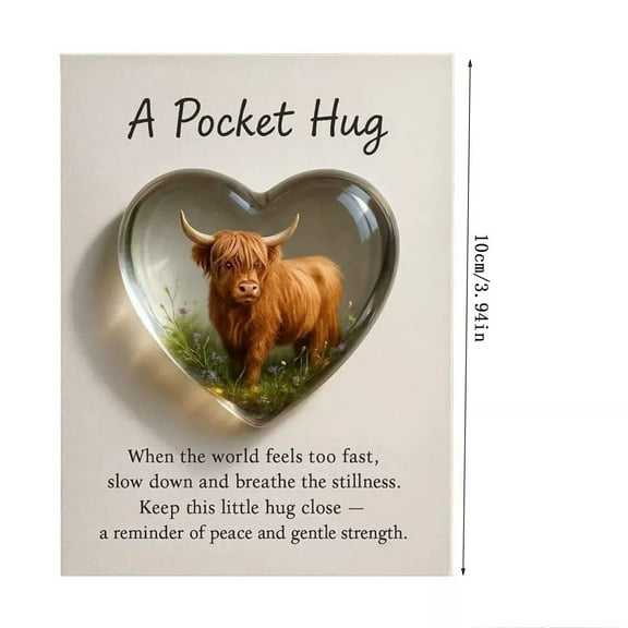CuiLiyq 1 Pcs Highland Cow Pocket Hug Card with 2D Acrylic Heart Ornament, Mindful Message Card and Portable Encouragement Gift for Loved Ones