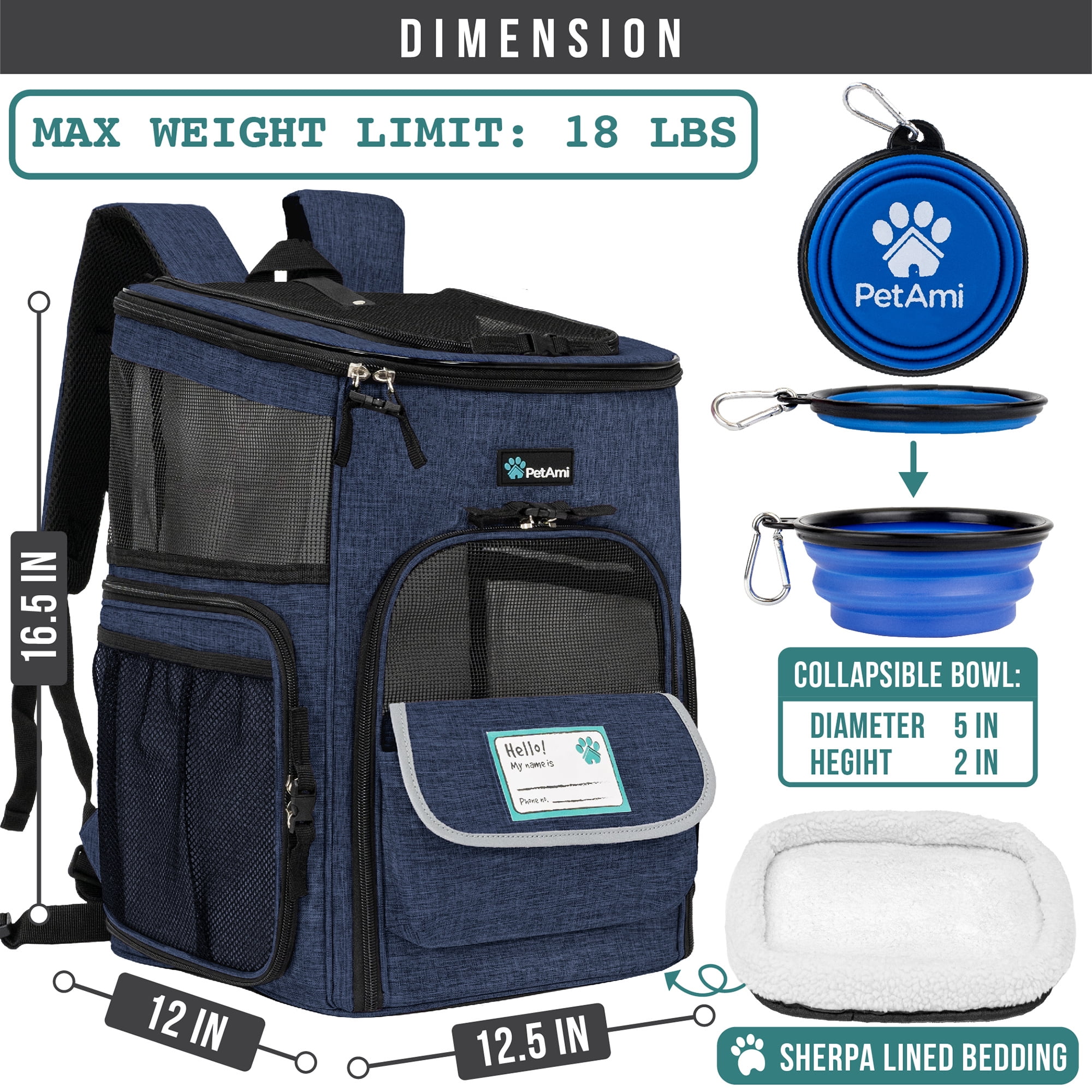 PetAmi Dog Backpack Carrier, Airline Approved Cat Backpacks For Carrying Small Large Cats, Pet Carrier Back Pack, Ventilated Soft Sided for Travel, Hiking, Camping, Max 18 lbs, Navy