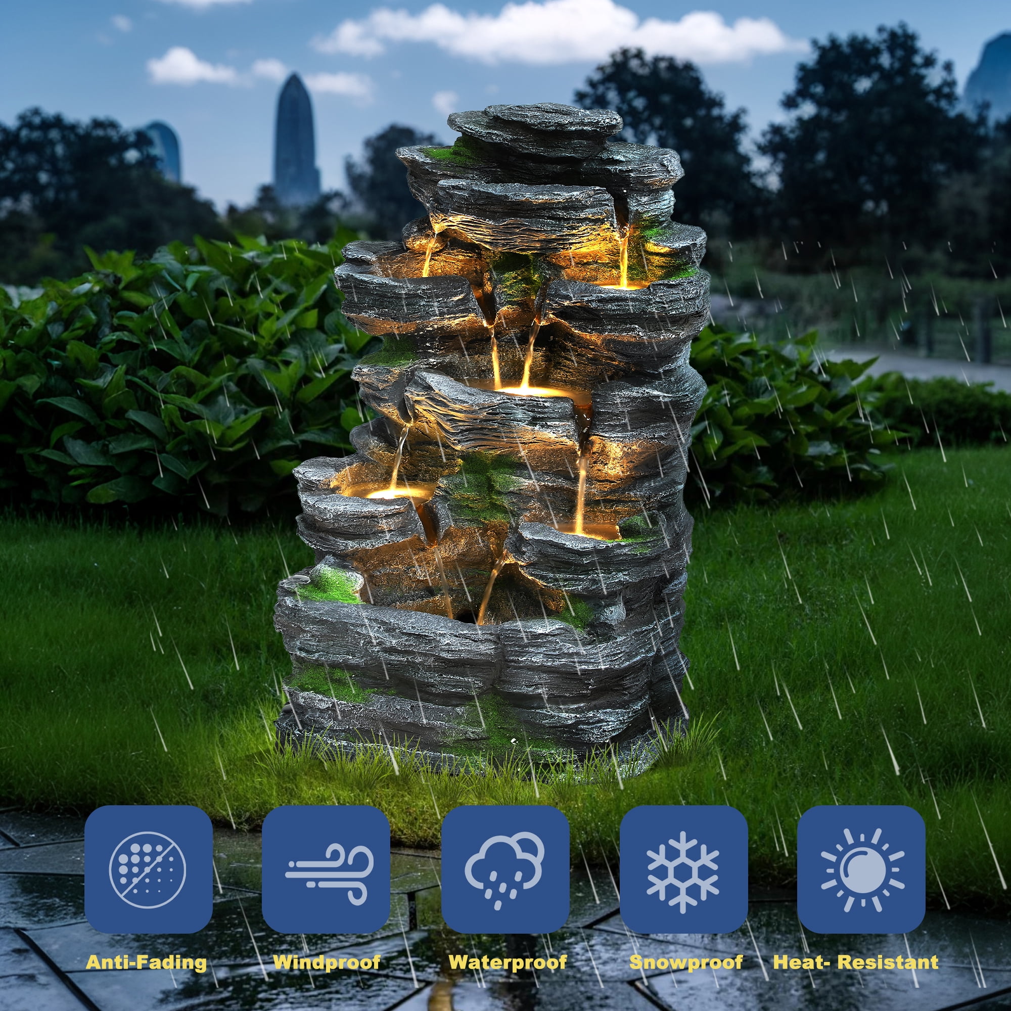 Haverchair 7 Tier Cascading Rock Outdoor Water Fountain, Garden Freestanding Rockery Natural Waterfall Fountains Outdoor with LED Light, Soothing Tranquility Fountains for Home Garden Yard, 24"H