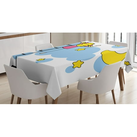 - House Decor Tablecloth, Little Girl Ladder Hanging a Star in Night Sky with Half Moon Cartoon Picture, Rectangular Table Cover for Dining Room Kitchen, 60 X 84 Inches, Yellow Blue, by Ambesonne