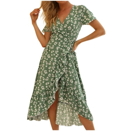 

Wedding Guest Dresses for Women Pink Dress for Women Fashion Women Summer Ruffle Bandage Leisure V-Neck Print Short Sleeve Dress Dresses for Women Skims Dupes Dress on Clearance Green L