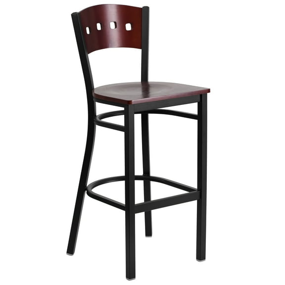 Flash Furniture HERCULES Series Black 4 Square Back Metal Restaurant Barstool - Mahogany Wood Back & Seat