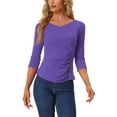 thumbnail image 1 of INSPIRE CHIC Women's V Neck 3/4 Sleeves Solid Knitted Buttons Decor Ruched Top Violet S, 1 of 5