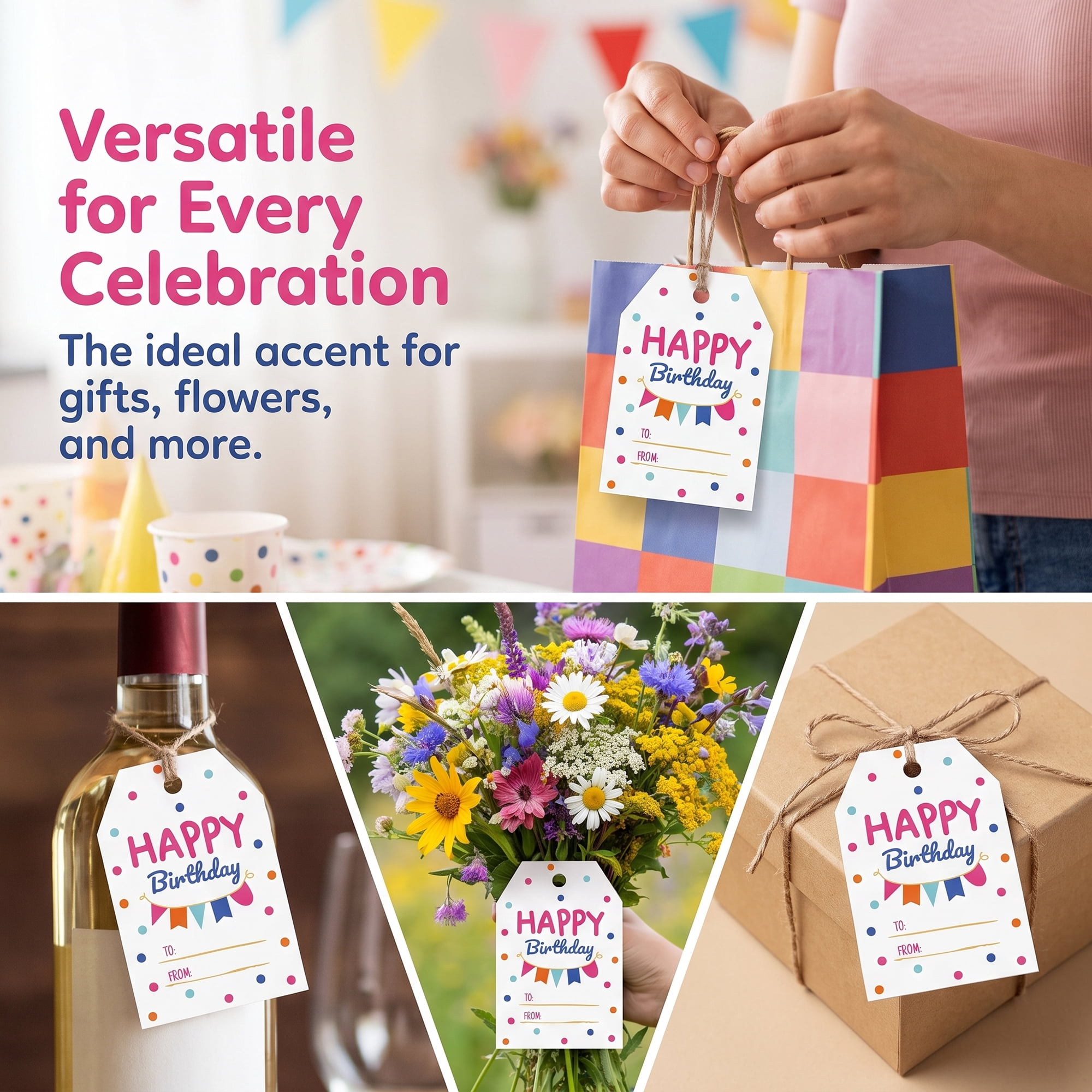 Unique Bargains 100Pcs Elegant Birthday Gift Tags with Twine Bunting Pattern 2" x 3.1"