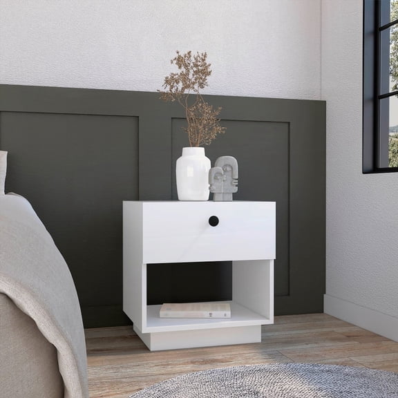 White Single Drawer Nightstand with Open Shelf – 19”H Bedroom Storage