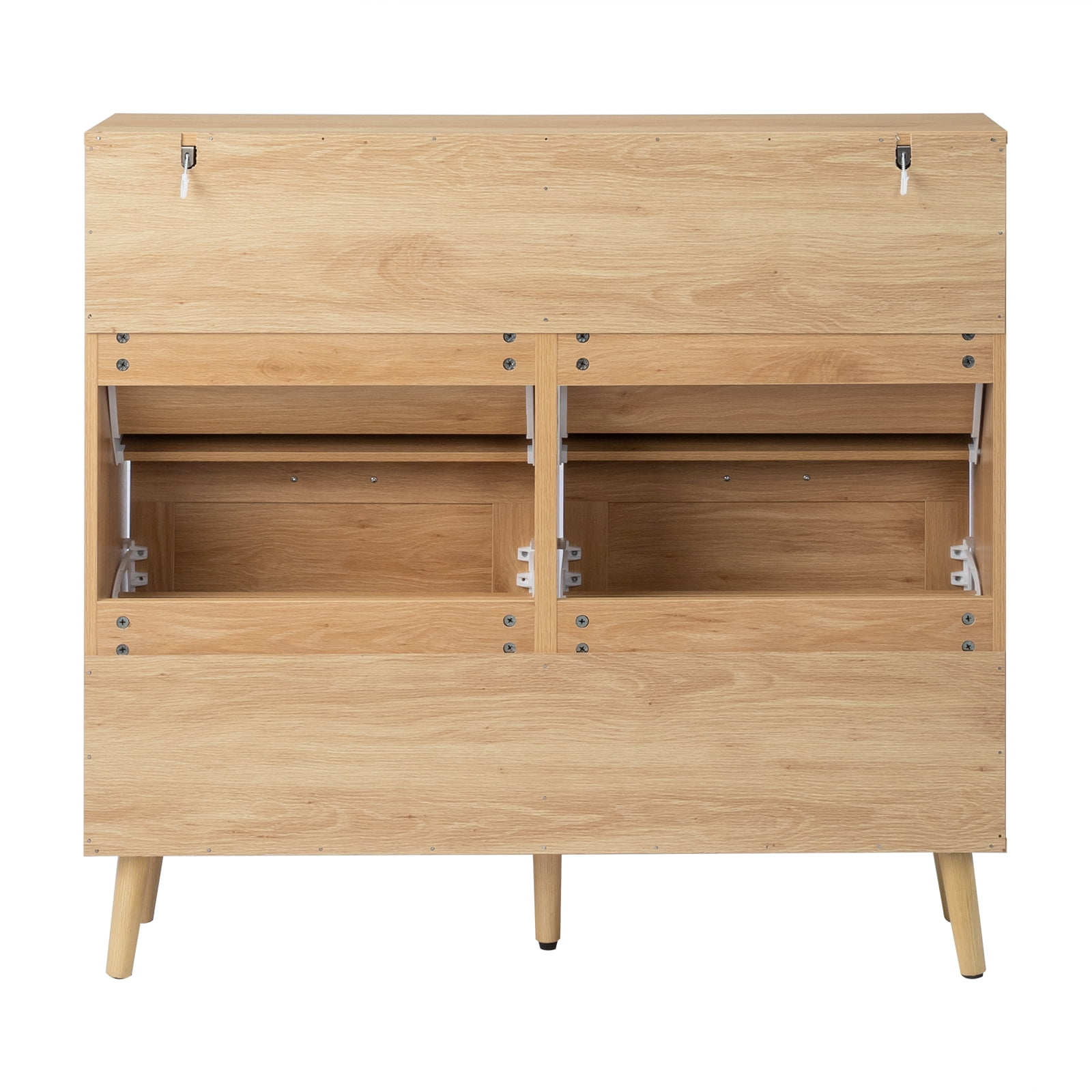 AsterOutdoor Natural Wood Finish Barn Door Flip Top Shoe Cabinet 4 Compartments Textured Relief Surface Triple Amine Laminated Particle Board Solid Wood Legs