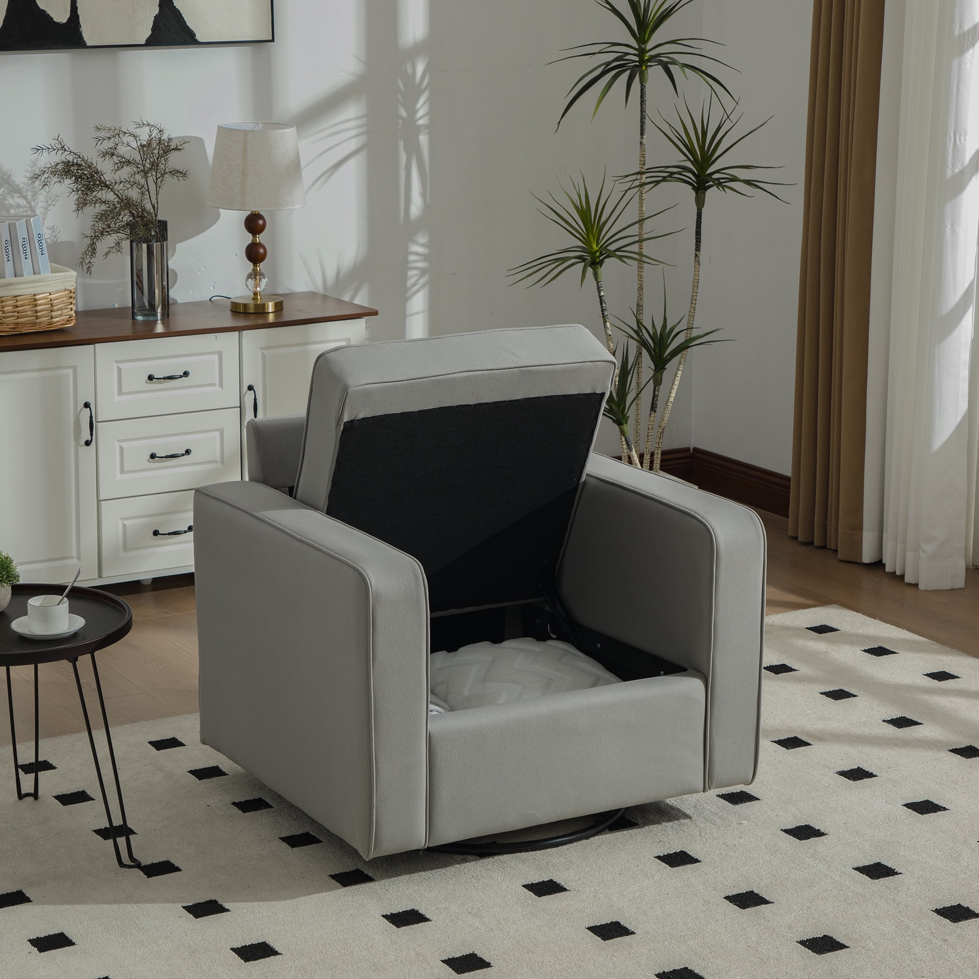 Leumius Swivel Armchair with Hidden Storage,33.6''W Upholstered 360° Accent Chairs with Pillow,Square Club Chair Single Sofa for Living Room,Gray