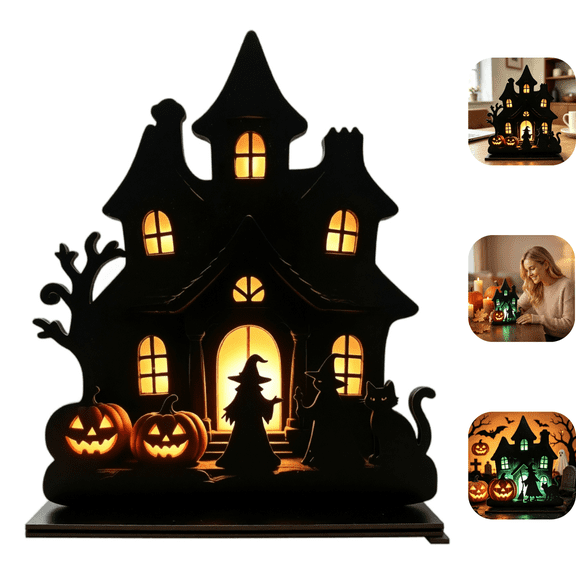 Halloween Wooden Haunted House Witch Tabletop Decor, Freestanding Spooky Wooden Silhouette, Decorated with Pumpkin Lantern & Black Cat, Ideal Home Ornament for Halloween Indoor Decor & Gift B
