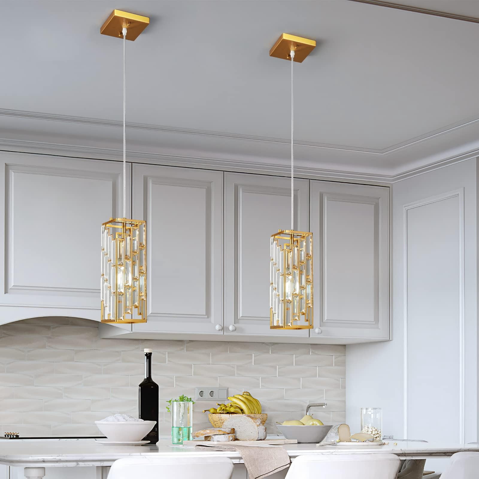 ZHLWIN Gold Pendant Lighting Modern Pendant Light, Mini Crystal Chandeliers,Adjustable Pendant Light Fixture for Kitchen Island Dinning Room Bedroom, 2 Pack