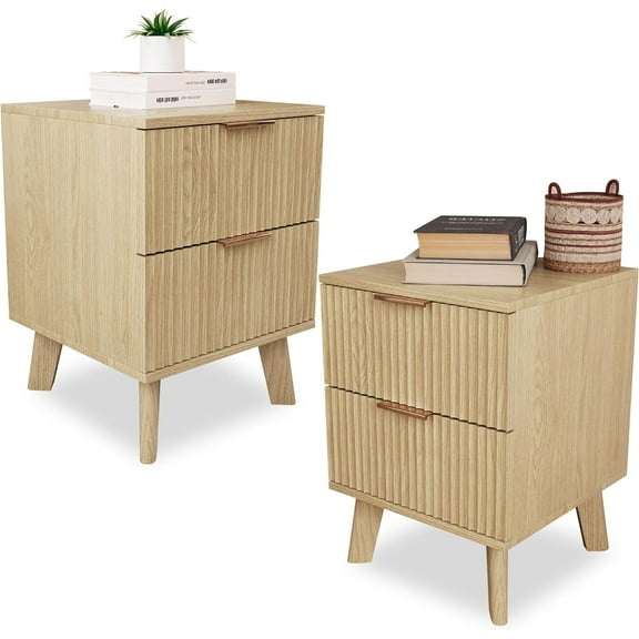 Fluted Nightstands Set of 2, Mid Century Modern 2 Drawer Dresser for Bedroom, Small Night Stand Side Table End Table with Wood Drawer Storage for Bedroom Closet, Natural