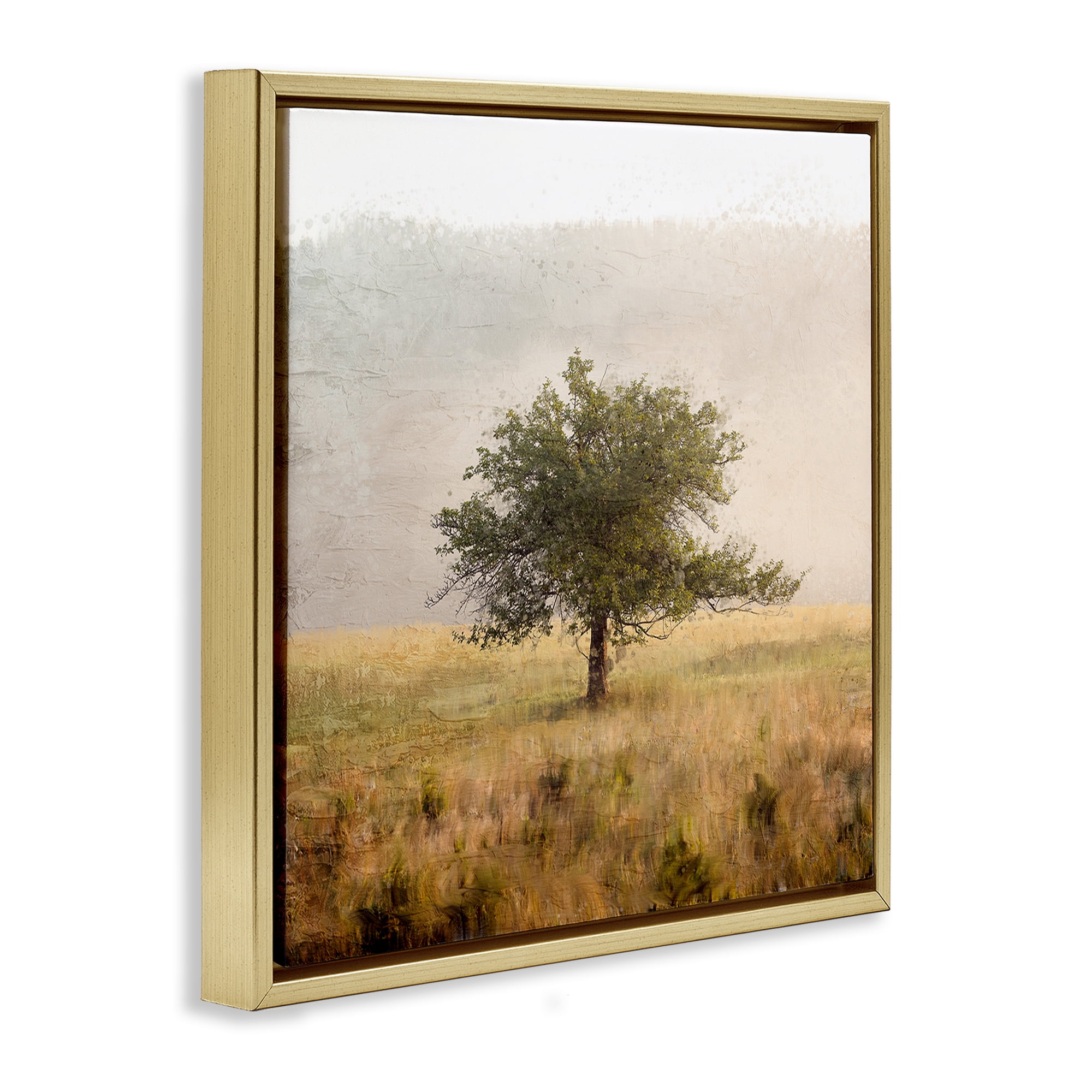 Stupell Industries Tree Alone in Golden Field Gold Framed Floater Canvas Wall Art, design by Anne Bailey