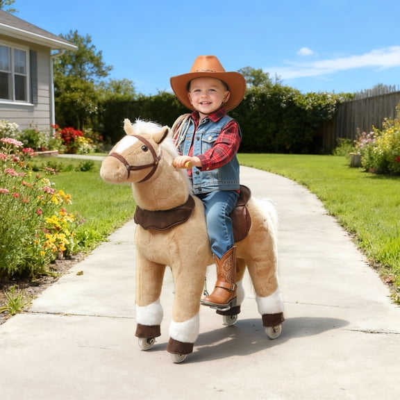 Qaba Ride on Horse for Kids 3-5 Years, 31.5 Inch Height Plush Riding Pony, Walking Horse Animal with Rolling Wheels for Active Play, Brown
