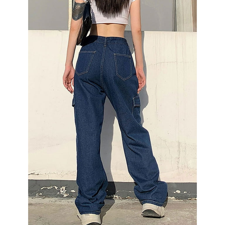 Huakaishijie Women High Baggy Jeans Vintage Wide Straight Leg Boyfriend Denim Pants with Pockets -