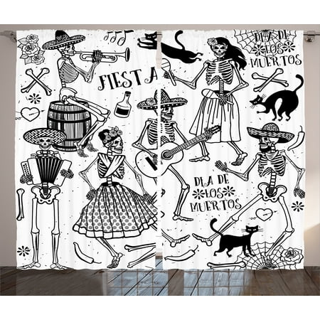Mexican Decorations Curtains 2 Panels Set, Dead Dancers Themed Woman and Man Skeleton Icon Playing Music Design, Window Drapes for Living Room Bedroom, 108W X 84L Inches, Black White, by (Best Multi Room Music System)