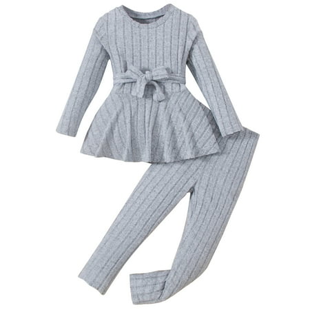 

HaiMao Girl s 2 Piece Outfits Clearance Rib Knit Long Sleeve Belted Peplum Tops and Pants Set Tracksuit Gray 7 Years
