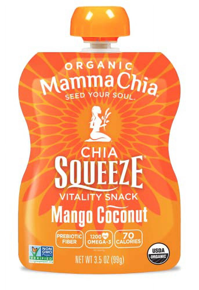 Mamma Chia Organic Vitality  Squeeze Snack, Mango Coconut,  16- 3.5 Ounce Chia  Vitality Snacks, USDA Organic,  Non-GMO, Vegan, Gluten Free,  and Kosher. Fruit and  Vegetables with only 70  Calories