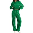 thumbnail image 2 of Dwralegc Women 2 Piece Outfits 2025 Fleece Long Sleeve Hooded Sweatshirts Solid Color Wide Leg Drawstring Sweatpants Sport Loose Fall Winter Sweatsuit Tracksuit with Pockets Army Green M, 2 of 7