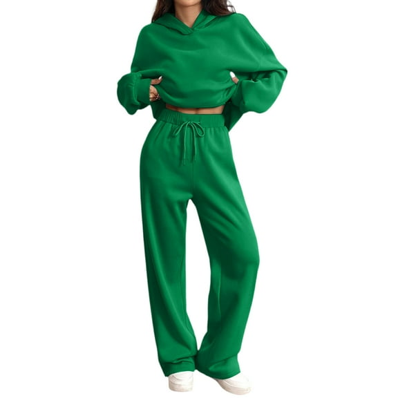 Women two piece loungewear set long sleeve hooded sweatshirt and wide leg drawstring pants casual matching tracksuit outfit Army Green L