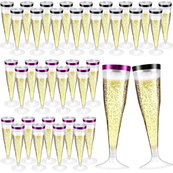 36 PCS Plastic Champagne Flutes,4.5oz Clear Disposable Champagne Glasses, Plastic Cocktail Cup, Toasting Glasses for Wedding Parties Drinking Party Cocktail, Black Purple