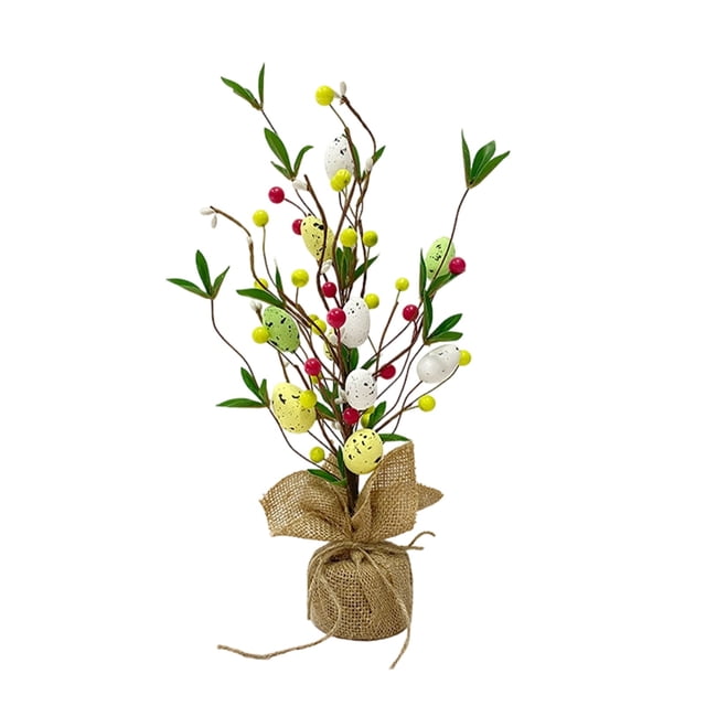 zhangmingg Easter Egg Desktop Ornament with Base Featuring Foam and Berry Greenery Bonsai Style Decoration for Spring Festive Parties