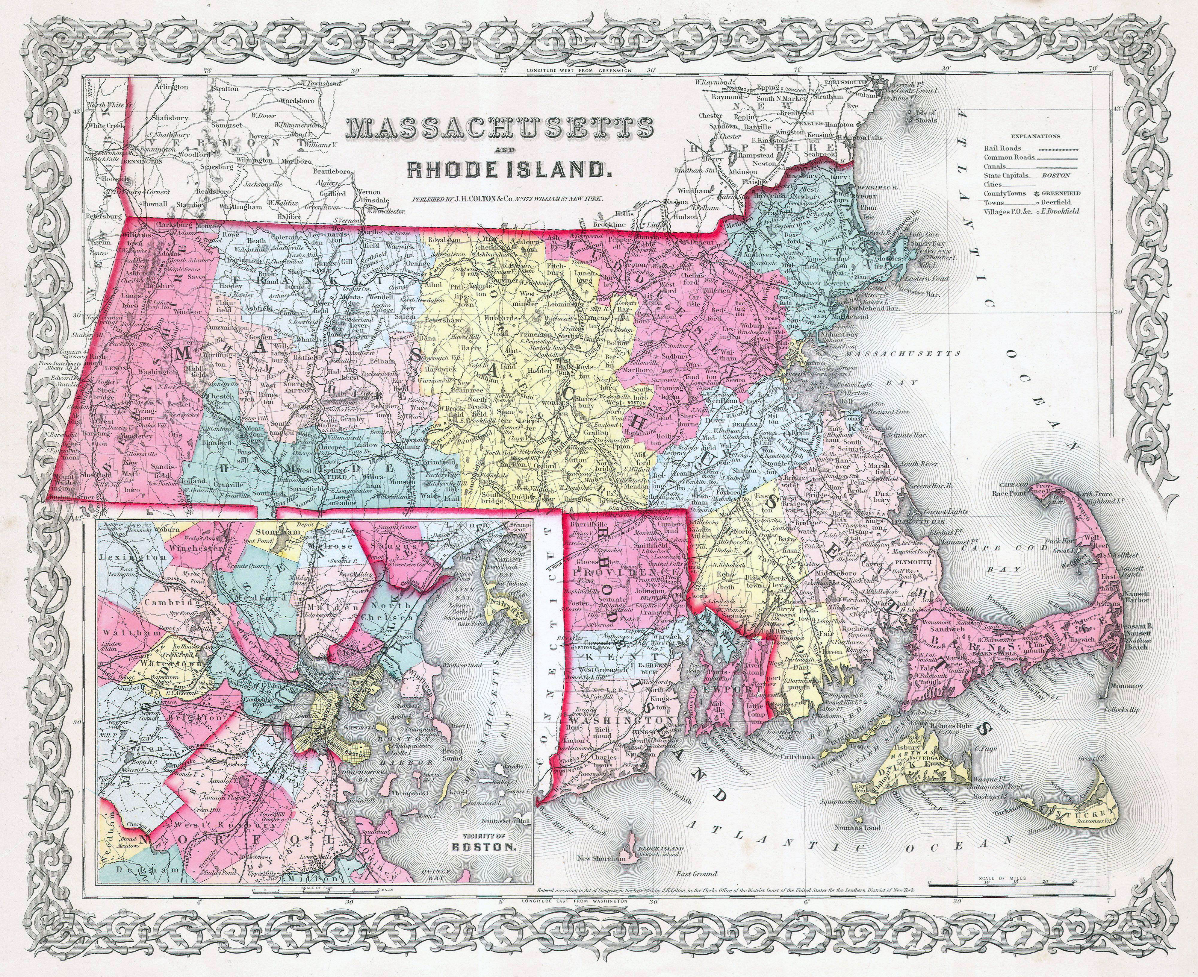 Laminated Map Large detailed old administrative map of Massachusetts