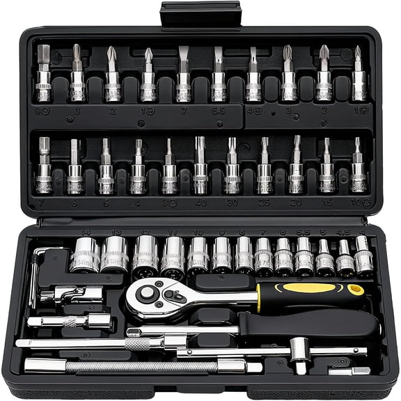 46-Piece Socket Wrench Set, Premium 1/4 inch Metric Socket Set, Ratchet Set with Quick-Release Ratchet and Extension Bar, Compact Storage Case - Perfect for Auto Repair & Home Use