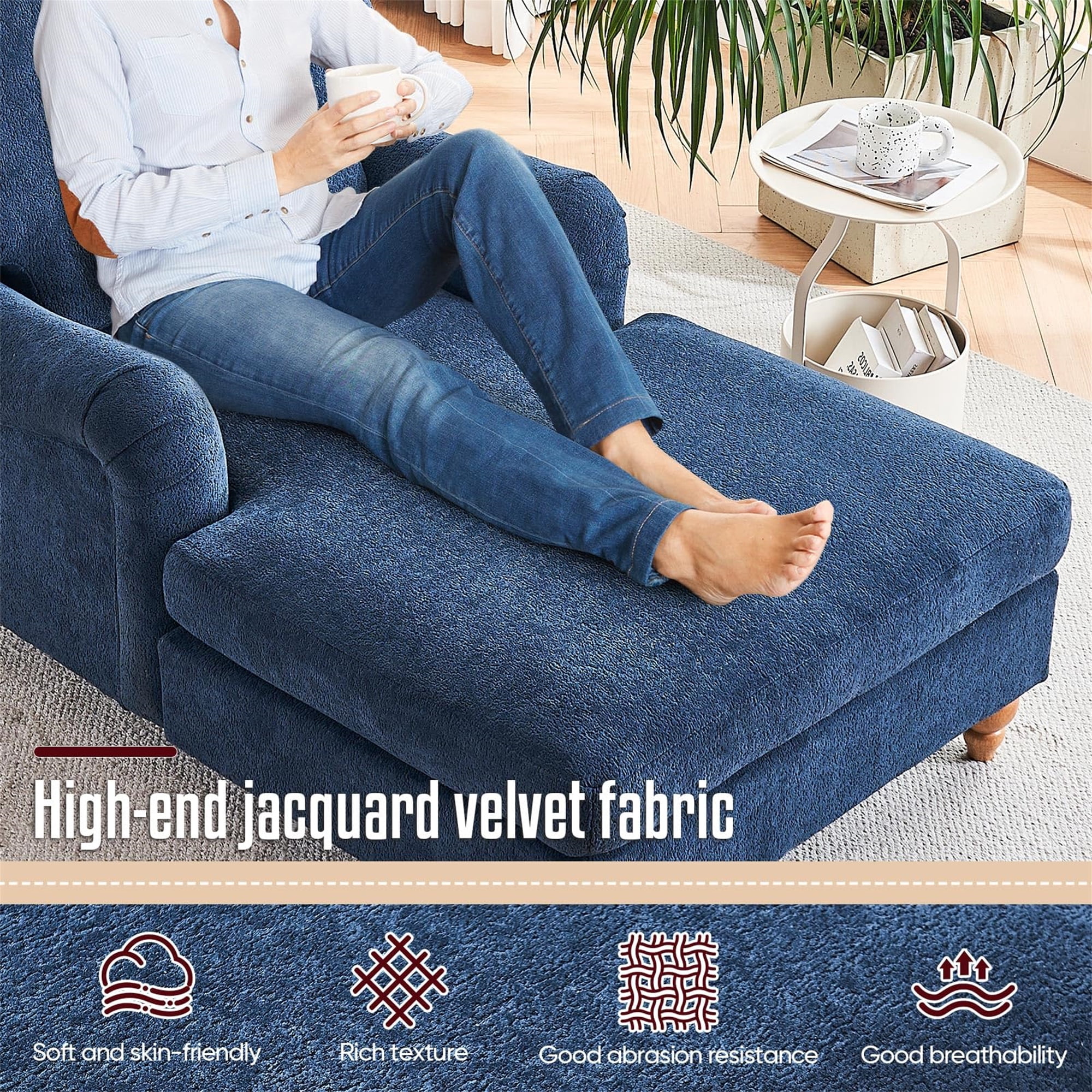 Aukfa Modern Oversized Chaise with Adjustable Backrest, Sleeper Chair Sofa Recliner for Living Room, Blue