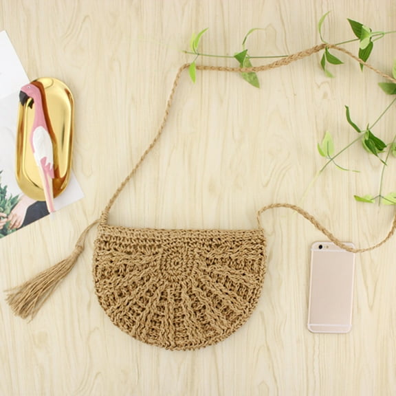 KONTONTY Brown Semicircle Weave Crossbody Bag 1Pc Fashionable Storage Purse for Travel and Vacation Use