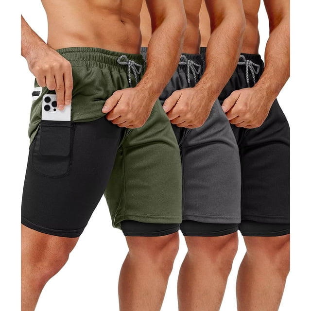 Pack de 3 pantalones cortos de gimnasio 2 en 1 OCYMA para hombre con bolsillos de 18 cm