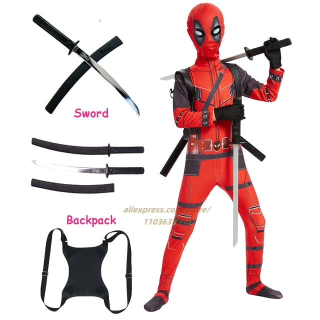 Traje de cosplay de superhéroe de Deadpool para niños, traje de fantasía de Peter Parker, máscara y accesorios de espada.