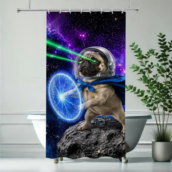 RKSupls Space Pug Superhero With Laser Eyes Polyester Shower Curtain with Hooks for Chic Elegant Waterproof Shower Curtain Home Bathtub Bathroom Decor