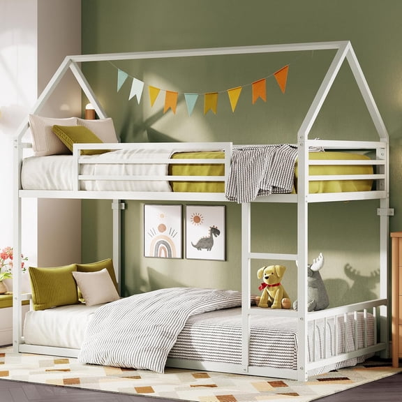 LIKIMIO Bunk Bed Twin XL Over Twin XL, Metal Bunk Bed Frame with Ladder and Guardrail, House Shaped with Metal Slats for Dormitory and Bedroom, Space Saving, No Box Spring Needed, White