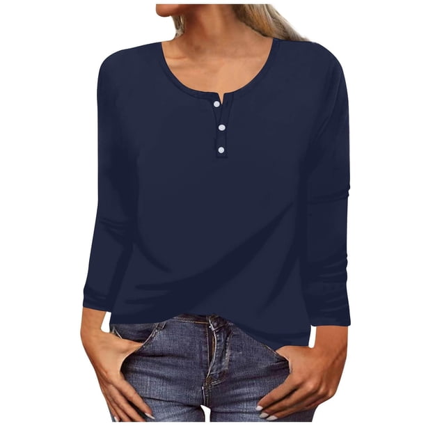 ICHUANYI Clearance Women's Fashion Loose T-shirt Long Sleeves Blouse Round Neck Casual Tops(Navy, S) ICHUANYI WER2023081112258
