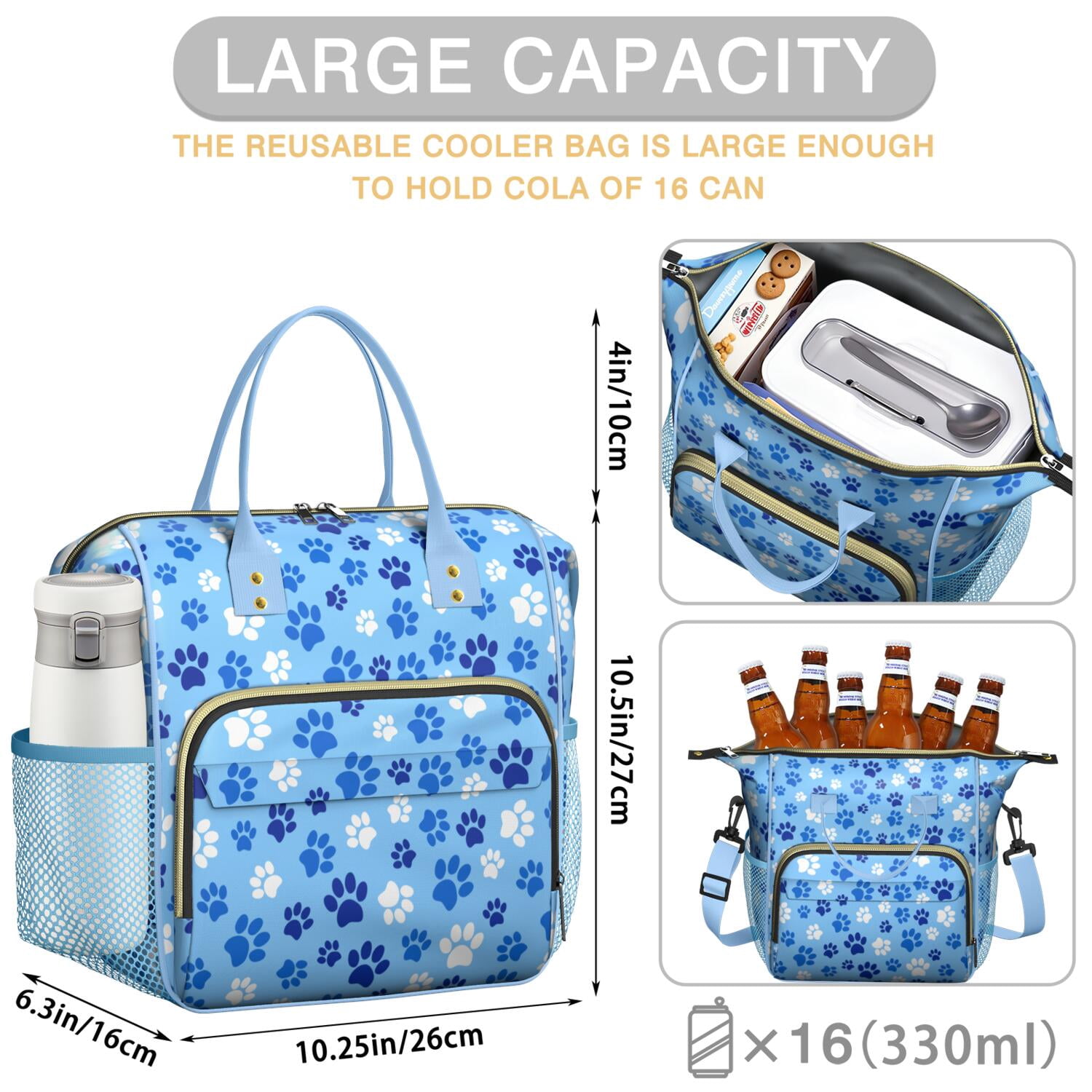 Cute Dog Paw Print Lunch Box, Large Insulated Lunch Tote with Puppy and Bone Patterns, Leakproof Cooler for Work, School or Outdoor Use